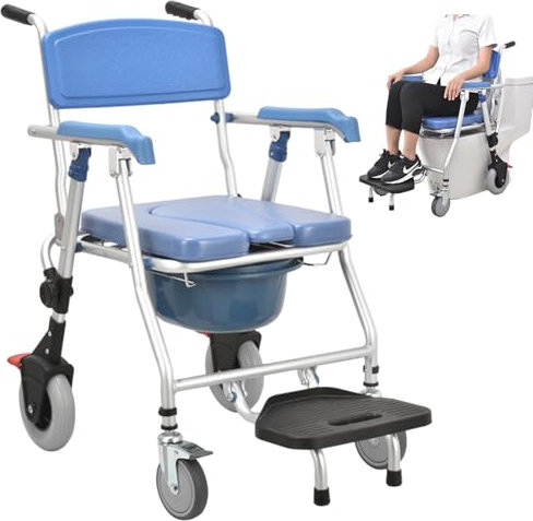 VFDZ Toilettenstuhl für Senioren mit Rollen, Blau Duschstuhl mit Rollen Klappbar, 3-In-1 Dusch Toilettenstuhl Fahrbar mit Urineimer, Toilettenrollstuhl für Ältere und Behinderte Komfort (B)