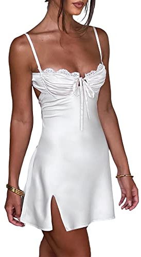 Edhomenn Women Sexy Mini Dress Ruched Wrap Sleeveless Short Dress Square Neck Flower Print Spaghetti Strap Y2k Dress (04 White, M)