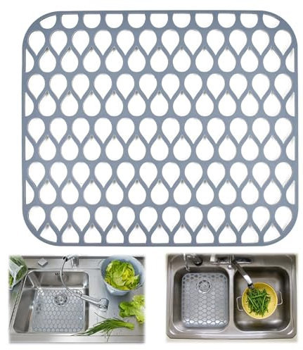 Silicone Sink Mat, ADERTOS Folding Non-Slip Sink Protectors Kitchen Sink Protector Mat Silicone Mats Counter Protector for Bottom of Kitchen Sink, Dishes and Glassware Drain Mat - Grey, 34.5 x 29.5cm