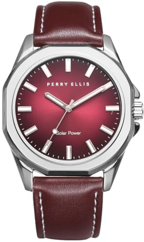 Perry Ellis Solar Powered Mens Watch | Vegan Leather Water-Resistant Analog Wrist Watches for Men | 42mm Case | Relojes para Hombres | Elegant Gift for Man (Red)