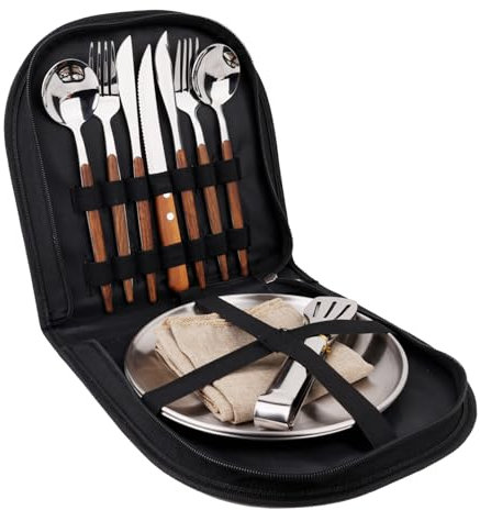 Camping Geschirr Set für 2 Personen, 12 Stück, Edelstahl, Picknick Besteck, Tragbare Bestecktaschen, Holzmaserung Griffe, Esstisch Matte