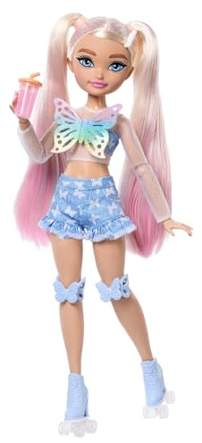 Barbie Dream Besties Malibu, bambola snodata alla moda con pattini a rotelle e capelli biondi, 9 accessori a tema make-up inclusi, giocattolo per bambini, 4+ anni, JFX96