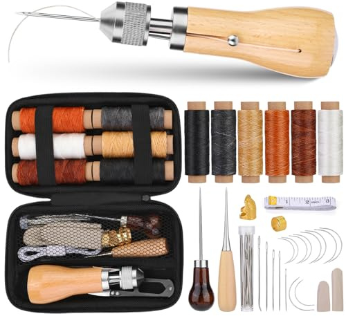 40pcs Sewing Awl Kit, Portable Awl Tool with Instructions, Leather Awl Sewing Punch with Bag, Leather Sewing Waxed Thread Kit for DIY Repair Craft
