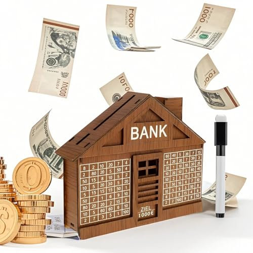 Hucha en Forma de Casa, Madera Reutilizable, Meta de Ahorro de 1000 €, Hucha De Madera Retro con Rotulador para Niños y Adultos (Marrón Claro)