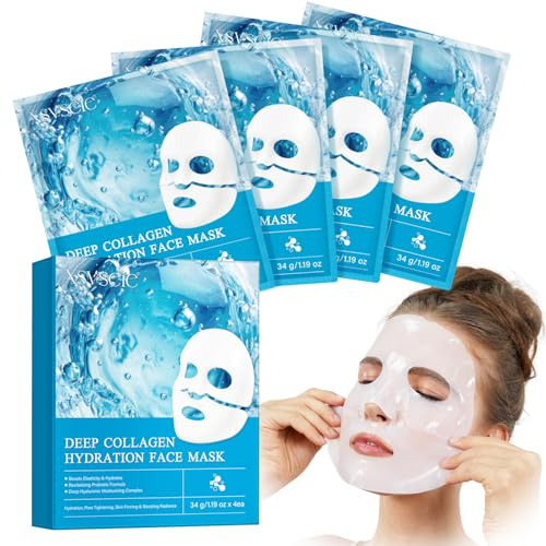 Mascarilla de Colageno,Mascarilla Bio Colágeno Noche, Bio Collagen Real Deep Mask, Mascarilla Facial Hidratante, Reduce los Poros, Hidrata, Reafirma y Mejora la Vitalidad de la Piel(34g x 4ea)