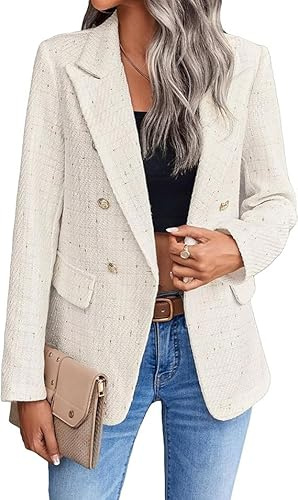 FM2018XSL Giacca da donna in tweed, aperta sul davanti, a quadri, giacca casual a maniche lunghe, giacca da ufficio con tasche elegante, Bianco sporco, XL