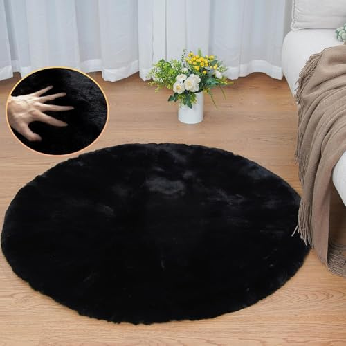 ORINOVA Teppich Rund Schwarz Flauschig 90 cm Schlafzimmer Kunstfell Runder Teppich Fellteppich Wohnzimmer Waschbar Bettvorleger Black Round Rug