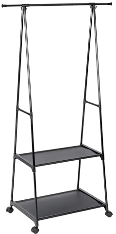 T-LOVENDO.ES Perchero burro con barra extensible, estantería y zapatero | Organizador de ropa con ruedas y freno | Estructura metálica resistente y ligera (NEGRO)