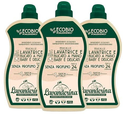 Lavanderina, Detersivo Lavatrice e Bucato a Mano Baby e Delicati, 24 Lavaggi, Detersivo Liquido Delicato, 960 ml x 3 Pack, Detergente per Lavatrice Senza Profumo e Eco-Friendly