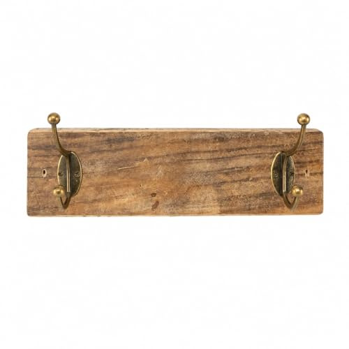 Perchero de Pared de Madera Rústica con 2 Ganchos Dobles Metálicos 30x8 cm