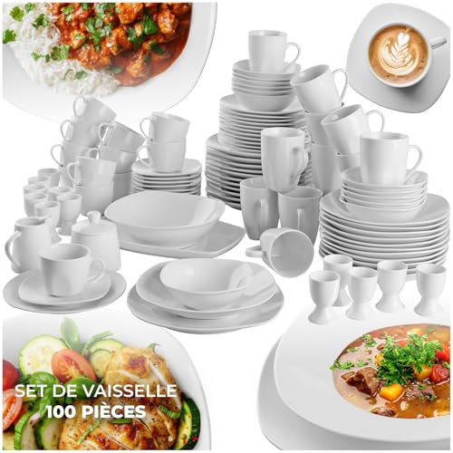 tectake® Service de table 12 personnes Vaisselle et arts de la table 100p. avec Assiettes creuses assiettes plates assiette à dessert coquetiers bols tasses saladier Coupelle soupe Lot assiette
