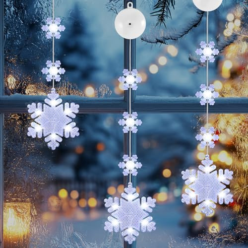 DazSpirit 3 Luces Ventana Navidad, Estrella Navidad con Luz con 8 Modos y Temporizador Auto, LED Luces de Ventana, Cortina Led Pilas para Ventanas, Puertas y Fiesta (Copo de nieve, Blanco)