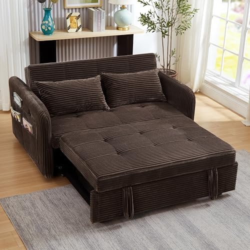 N NOORDENIYA 55.5 Corduroy Convertible Sofa Bed, Pull Out Sleeper Sofa Bed, Loveseat Couch with USB Charging Ports, 3 in 1 Convertible Sleeper Sofa Bed for Living Room, Apartment, Bedroom, RV, Beige