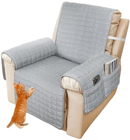 LUKDUNG Sesselschoner für Relaxsessel, ﻿Armlehnenbezüge Sofa, Fernsehsessel Schutzbezug Anti-Rutsch, Sesselüberwurf mit Armlehnen, Sesselauflage mit 2 Taschen und Gummiband, Grau,1 Sitz, 53x190cm