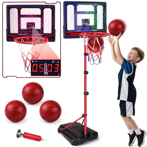 Amy&Benton Kids Basketball Hoop with LED Automatic Scoreboard – Height Adjustable 97-190cm, Stand Detachable for Door, Indoor Outdoor Garden Toys Birthday Gift for 3-10 Year Old Boys Girls
