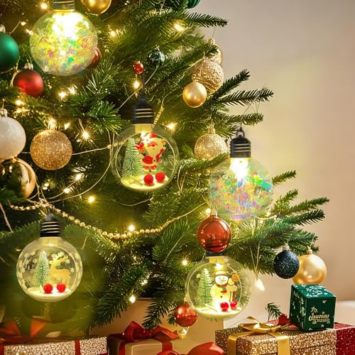 Fancysky upplysta julgranskulor – set med 5 LED-julgranskulor, lysande julgranskulor, lysande julgranskulor, dekorerade med jultomte, snögubbe, ren och röda bär
