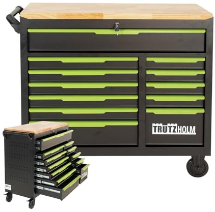 TRUTZHOLM Werkstattwagen Star XL 12 Schubladen unbestück Hartholz-Arbeitsplatte schwarz/grün 103 x 112 cm mit Feststellbremsen, abschließbar