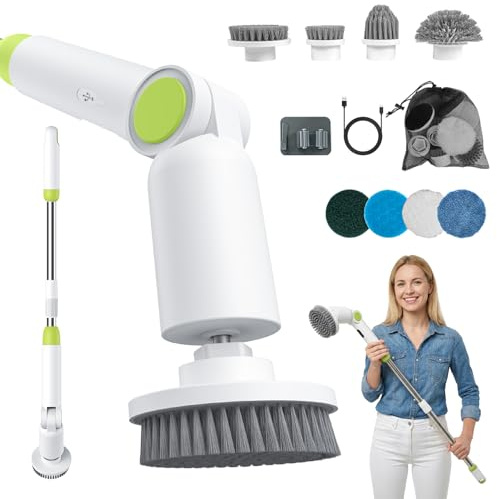 BioAura Spazzola Elettrica Rotante per Pulizia, IPX7 Spazzola Pulizia da 2.5 ore a doppia velocità con 8 testine Manico Regolabile Potente Pulizia Spazzola 2 Velocità Casa Bagno, Cucina Pavimenti