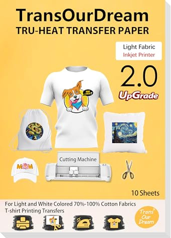 TransOurDream Tru-Heat Transfer Paper - 10 Sheets A4 Inkjet Printable Iron On Transfer Paper 2.0 for White and Light T Shirts Fabrics NO Mirror Print,Low Melting Point and Easy to Iron On