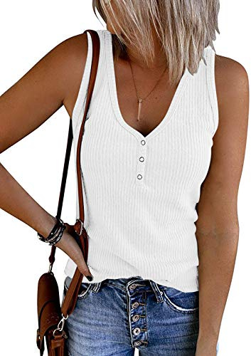 MEROKEETY Women's 2026 Summer Sleeveless Tank Tops V Neck Ribbed Dressy Casual Henley Shirts Button Loose Cami Tees, White, M