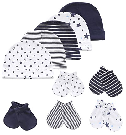 MAMIMAKA Baby Hats Mittens Set Cotton Beanie Caps and No Scratch Mitten Gloves for 0-6 Months