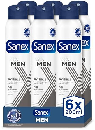 Sanex Men Invisible Antitranspirante Desodorante Spray Pack 6 x 200ml, 72 horas protección contra el sudor y el olor, Anti-manchas, Fórmula anti-irritación, Neutraliza el mal olor, 0% alcohol*