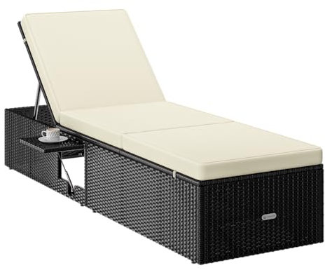 Casaria® Chaise Longue Noir crème extrémités réglables 7 Positions Bain de Soleil polyrotin Chaise d'extérieur transat
