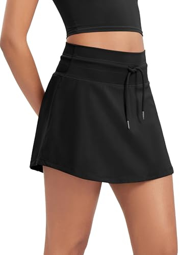 ODODOS Women's Drawstring Tie Skirts Built-in Shorts Athletic Golf Tennis Skorts with Ball Pocket, Black, Small