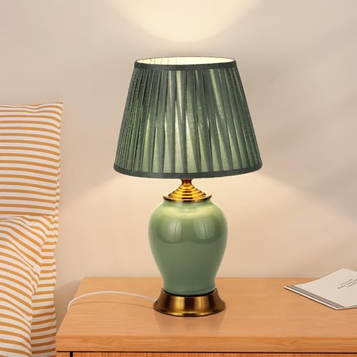 HvKvHvY Tischlampe Moderne E27 Nachttisch Lampen, weiße Stoff Lampenschirm Schreibtischlampe, Keramik Nachttisch Lampe Schlafzimmer Dekoration Studie Leselampe, Grün