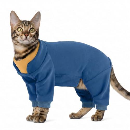 Hjumarayan Cat Onesie, Full Coverage Warm Fleece Jumper with Four-leg Sticky Hair Clothes, Soft Long Sleeve Cat Recovery Suit Stretchy Body Suit to Stop Licking, Blue M