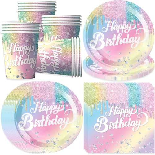 pekifaves Ensemble de vaisselle de fête en diamant, Assiettes de fête d'anniversaire, Serviettes, Tasses, Assiettes en carton à paillettes, Vaisselle colorée pour fille, pour 16 invités