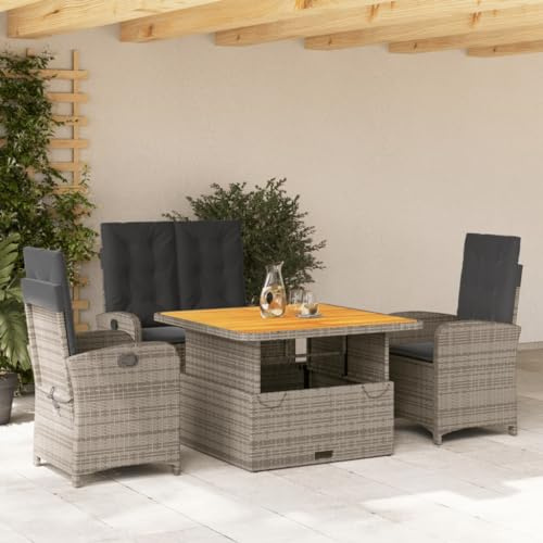 Owoxanthellate Set di mobili da giardino in rattan da 4 pezzi, con tavolo regolabile in altezza, grigio, 110 x 110 cm, durevole e confortevole, per balconi, terrazze e piccoli gruppi di sedie da