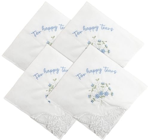 REKUA 4 Pcs Wedding Essentials Embroidered Wedding Handkerchief Set | Happy Tears Handkerchief, Bride Something Blue Keepsake, Cotton Lace Wedding Favour Hankies. Easy to use.