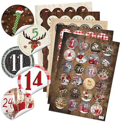 Autocollants calendrier de l’avent 1 à 24: 120 étiquettes rondes pour décoration de Noël, chiffres adhésifs pour enveloppes, sachets, boîtes, création personnalisé, Ø 4 cm