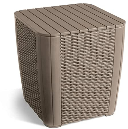 Allibert by Keter Luzon Round Wicker Garden Table Cappuccino Removable Lid with Storage Space Plastic Round Rattan Look