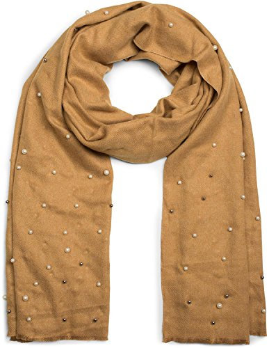 styleBREAKER bufanda suave y noble con aplicación de perlas, bufanda de invierno, estola, bufanda, damas 01017074, color:Camel