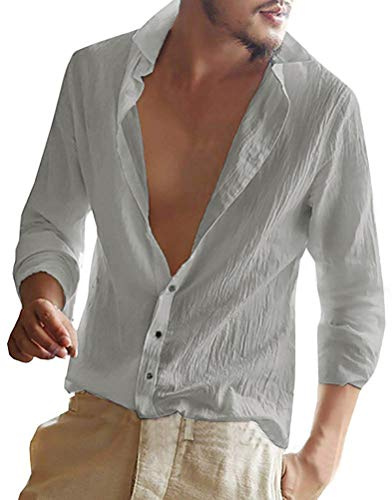 ShallGood Hombre Camisa Slim Fit Manga Larga Chic Casual Top Blusa Lino Shirt Formal Color Sólido Blusas De Trabajo Elástica Suelta Camisa