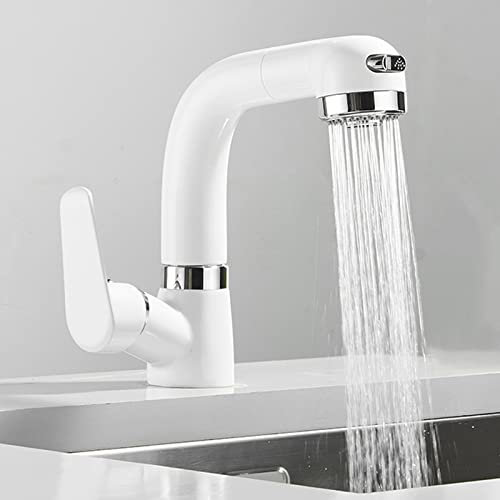 Küchenarmatur mit Brause Ausziehbar, Wasserhahn Küche Ausziehbar Weiß Teleskopisch Drehbar Wasser Heiß und Kalt Multifunktional Mischbatterie Küche Ausziehbar