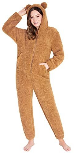 CityComfort Jumpsuit Damen Kuschelig Fleece Onesie Damen Flauschig S-XL (Teddy Braun, L)