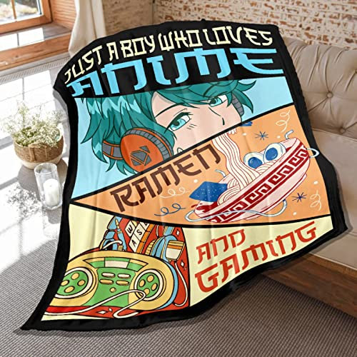 Game Blanket Gift for Boys Men,Just a Boy Who Loves Anime,Ramen and Gaming Blankets,Soft Flannel Throws Lightweight Decorative Quilt for Bed Sofa Room,80 in x 60 in Large for Adults