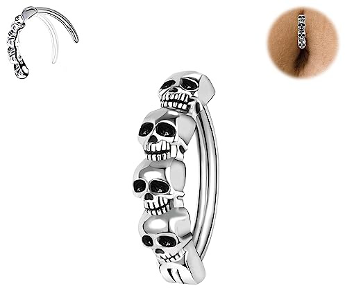 BodyAce Sterling Silver Skull Belly Barbell, 14G Clicker, 16G Reverse Curved Punk Piercing Kit (1.6mm=14G,BL:10mm)