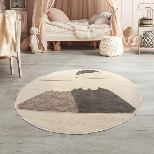 TT Home Kinderteppich Kinderzimmer Teppich Spielteppich Kurzflor Sonne Flauschig 3D, Farbe:Dunkelbeige Dunkelcreme Beige, Größe:120 cm Rund