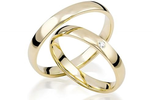 JC Trauringe Coppia di fedi nuziali in oro lucido, 3 mm, anelli unici per partner in oro giallo con incisione, 2 anelli da sposa da uomo e donna con pietra elegante cofanetto