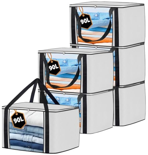 KURNI Storage Bags | Clothes Organizer Boxes, Foldable 6 Pack White, 90L Capacity, 3 Sided Zipper Moving Large Bag. Dust & Moisture Proof