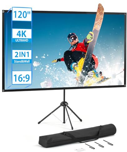 Beamer Leinwand mit Stativ, Tragbar Projektor Leinwand 120 Zoll, 16:9, 4K HD ProjektionLeinwand, Leicht und Kompakt, tragen, Ideal für Heimkino, Innen/außen Filme.