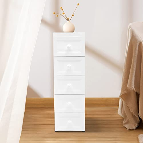 Esyogen Carrito de baño con ruedas, moderno armario multifuncional con 5 cajones, carrito de cocina, carrito para salón, dormitorio, etc., material PP, blanco, 25 x 34 x 82 cm, JJ29X7R7WDLYF-LUCKYH