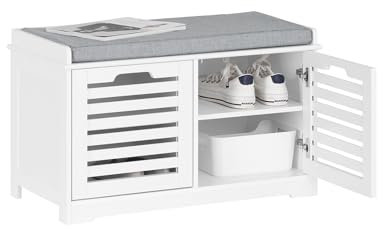 SoBuy Schuhbank Sitzbank mit Stauraum – Schuhregal mit 4 Fächer, Sitztruhe mit Sitzkissen – Flurbank Kommode für Eingangsbereich – Belastbar bis 133kg, 71x43x35cm – FSR23-II-W