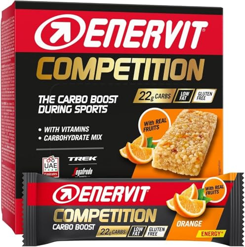 Enervit Competition Bar Naranja, Barritas Energéticas con Trozos de Naranja, Fórmula Técnica, Para Actividades de Alta Intensidad, 22g de Carbohidratos, Vegano, Sin Gluten, 12 Barritas de 30g