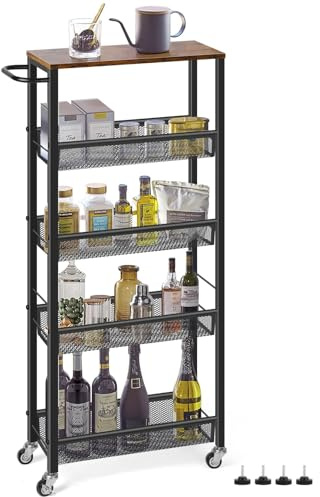 LIANTRAL Slim Storage Cart, Kitchen Storage Trolley, 5 Tier Rolling Kitchen Shelving Unit on Wheels Mobile Narrow Cart with Wooden Tabletop for Bathroom, Laundry Narrow Places, 42 x 18.5 x 105 cm