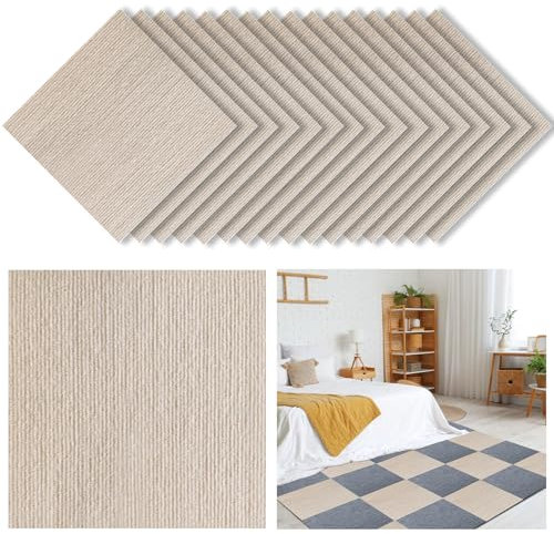 Self Adhesive Carpet Tiles, 16Pcs Anti-Slip Hard Wearing Carpet Squares, Peel and Stick Flooring Tiles Flooring Rugs for Office Living Room Bedroom 30 x 30cm (Khaki)